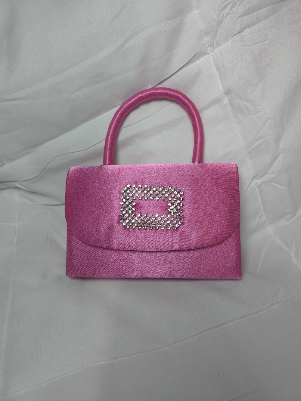 Hot Pink Satin Evening Top-Handle Clutch with Crystal Buckle